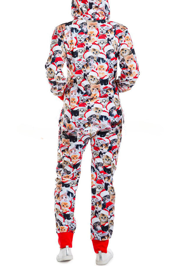 Loungewear-Overall mit Weihnachtsdruck, Reißverschlusstaschen und Kapuze