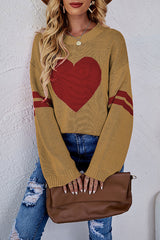 Contrast Color Round Neck Pullover Love Heart Knitted Long Sleeved Sweater