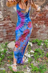 Tuscan Vibes Tie-dye Print Back Lace-up Slit Stretch Maxi Dress