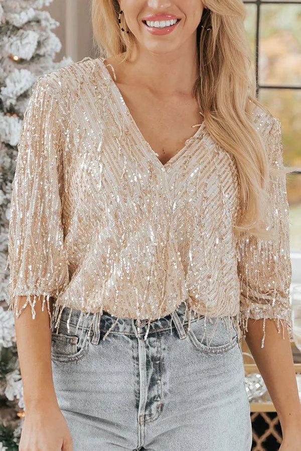 Sparkling Gold Sequin Tassel Long Sleeve Top