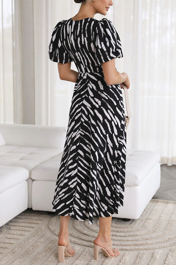 Sweetest Hello Printed Balloon Sleeves Twist Midi Dress