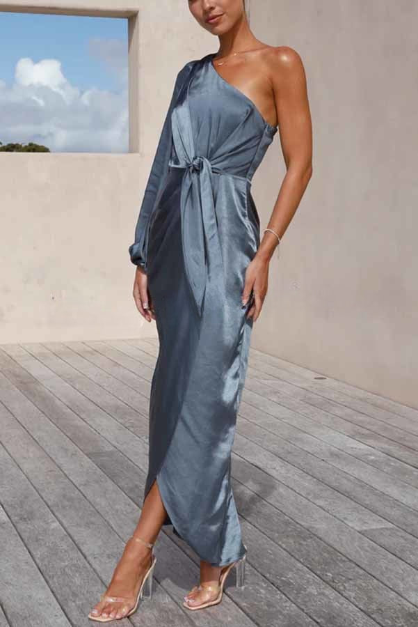 Endearing Romance Satin One Shoulder Front Tie Up Slit Maxi Dress