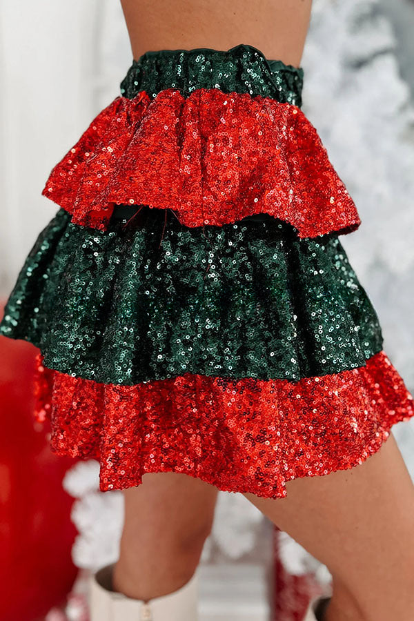 Little Christmas Magic Elastic Waist Tiered Sequin Mini Skirt