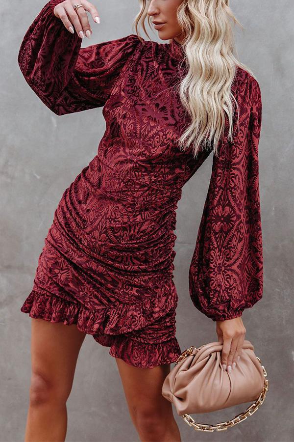 Velvet Burnt Flower Ruffled Irregular Dress