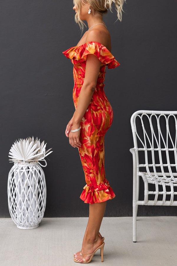 Lost In Mykonos Floral Off Shoulder Ruffle Smocked Midi Dress