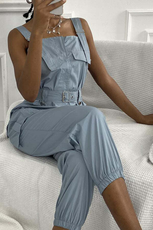 Nastia Pocket Buckle Design Cargo Suspender Jumpsuit