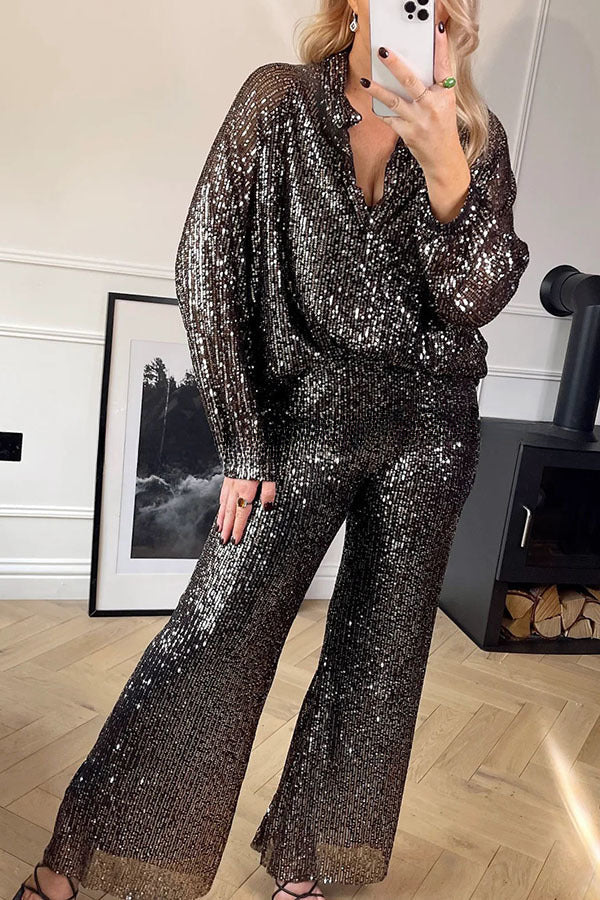 Be The Show Star Sequin Elastic Waist Pocketed Flare Pants