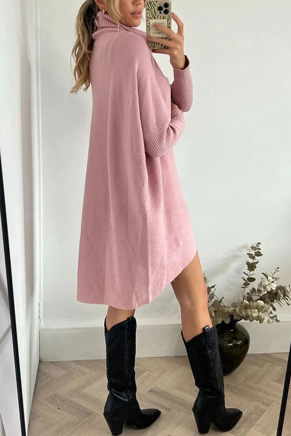 Perfect  Winter Walks Knit Turtleneck High-low Hem Loose Midi Sweater