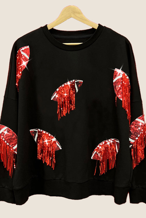 Rugby Sequined Patchwork Fringed Crew Neck Sweatshirt