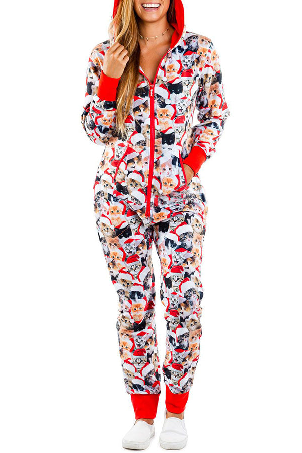 Loungewear-Overall mit Weihnachtsdruck, Reißverschlusstaschen und Kapuze