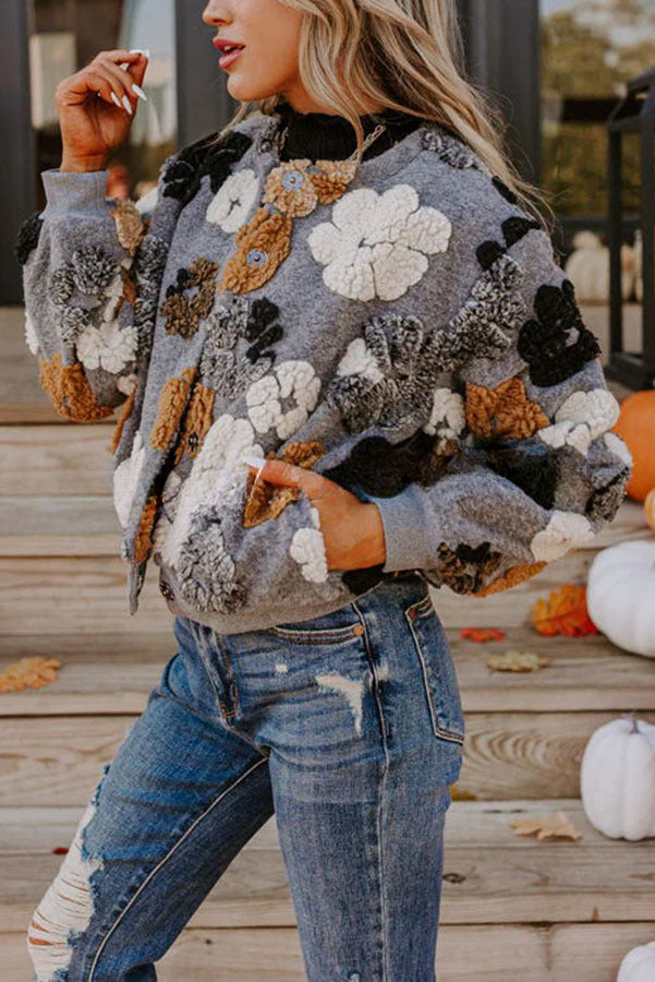 Foliage Falling Sherpa Flower Pattern Pocketed Cozy Jacket