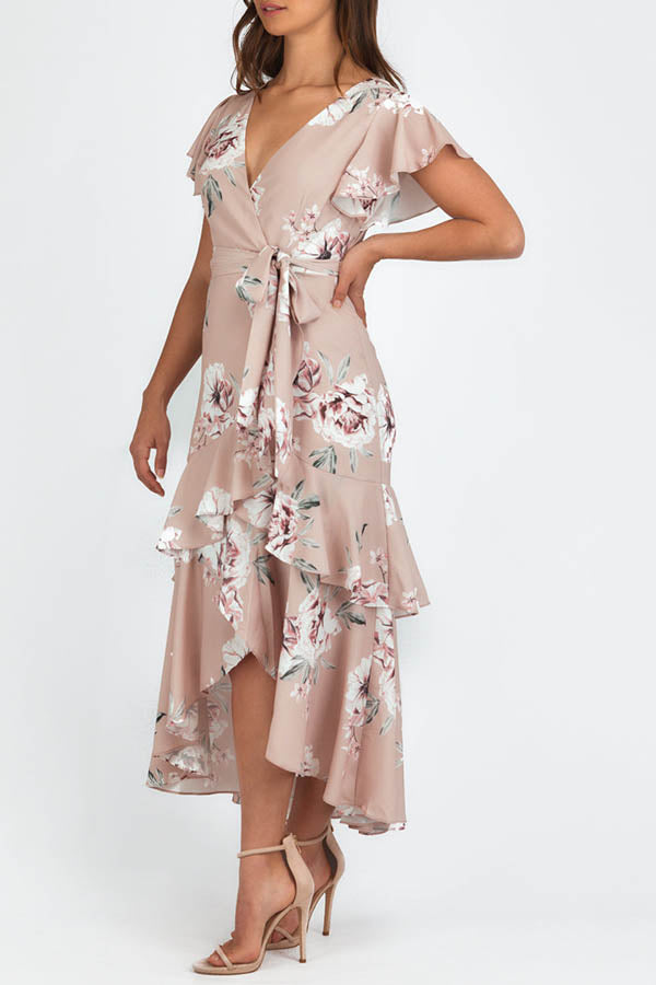 Bold Move Floral Wrap Ruffle Midi Dress