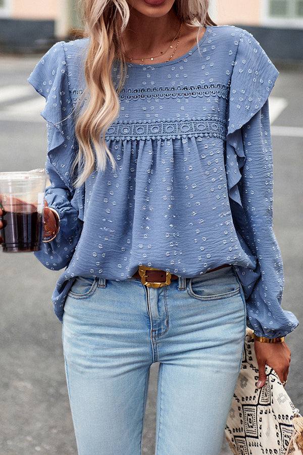 Textured Lace Fabric Ruffle Long Sleeve Blouse