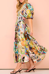 Exquisite Unique Printed V Neck Puff Sleeve Maxi Dress