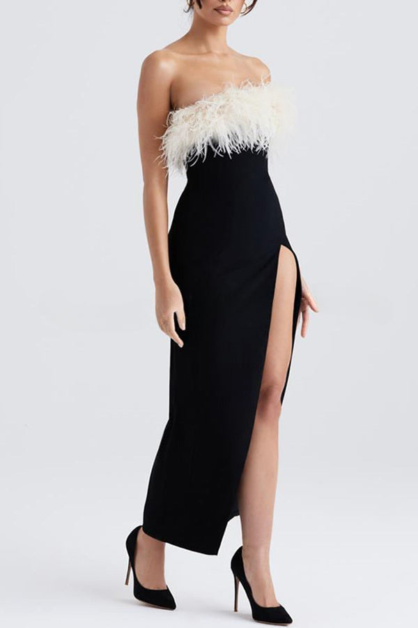 Sarai Thigh Slit Feather High Waisted Maxi Dress