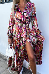 Heart of Paradise Printed Belted Slit Maxi Dress