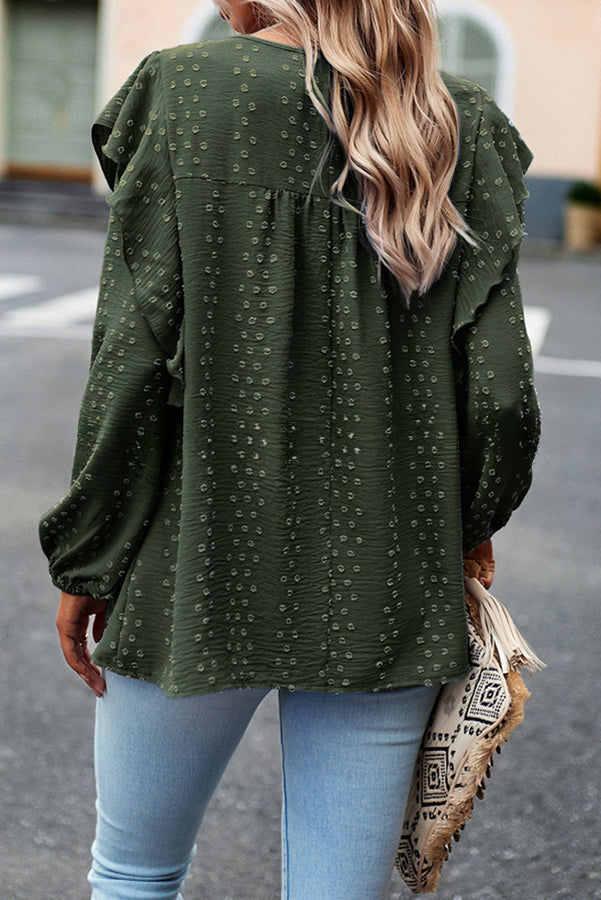 Textured Lace Fabric Ruffle Long Sleeve Blouse