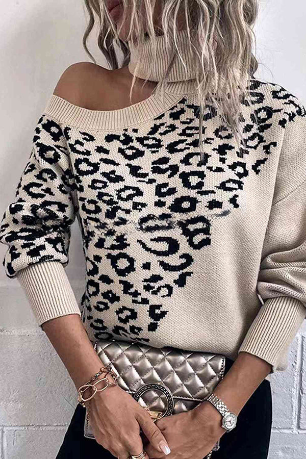 Best Mentor Leopard Print Long Sleeve One Shoulder Sweater