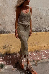 Roman Holiday Crochet Fringe Tank Skirt Suits