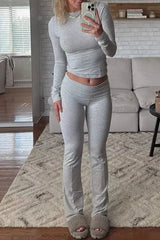 Solid Color Long Sleeved Pullover and Flared Pants Lounge Two Piece Set