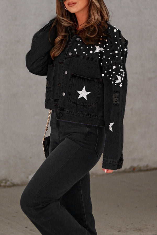 North Star Embellished Beaded Pocketed  Denim Jacket