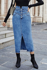 Solid Color High Waist Front Slit Side Pocket Denim Skirt