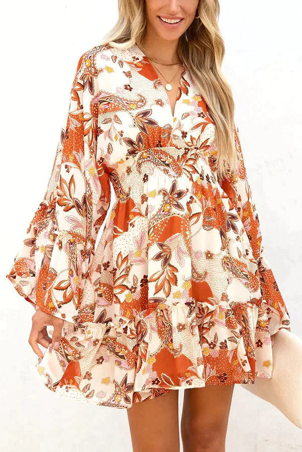 Upon The Harvest Floral Bell Sleeve Mini Dress