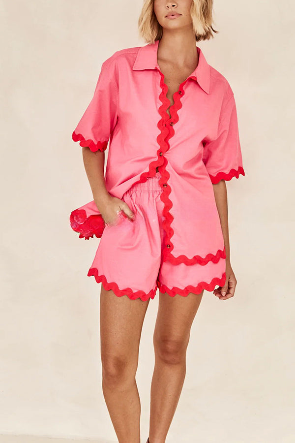 Harry Waved Trim Button Loose Shirt and Elastic Waist Pocketed Shorts Set