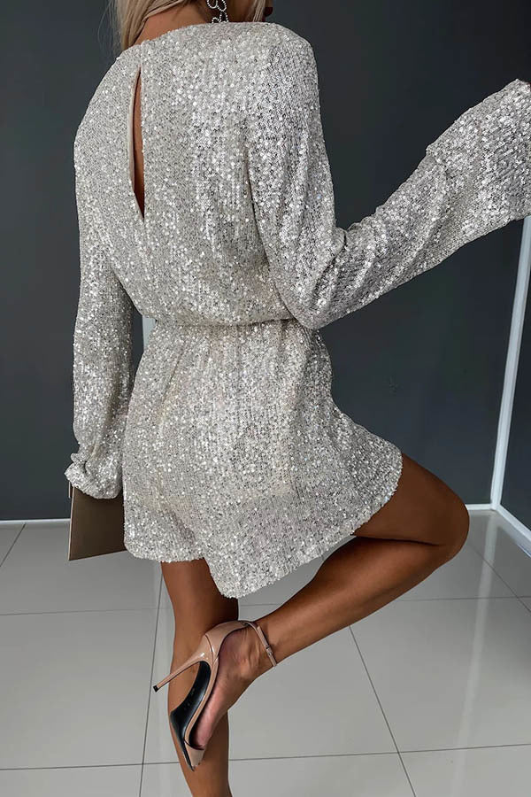 Chic Aspirations Sequin Elastic Waist Wrap Loose Romper