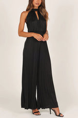 Callie Satin Halter Cutout Neck Pleated Elastic Waist Jumpsuit