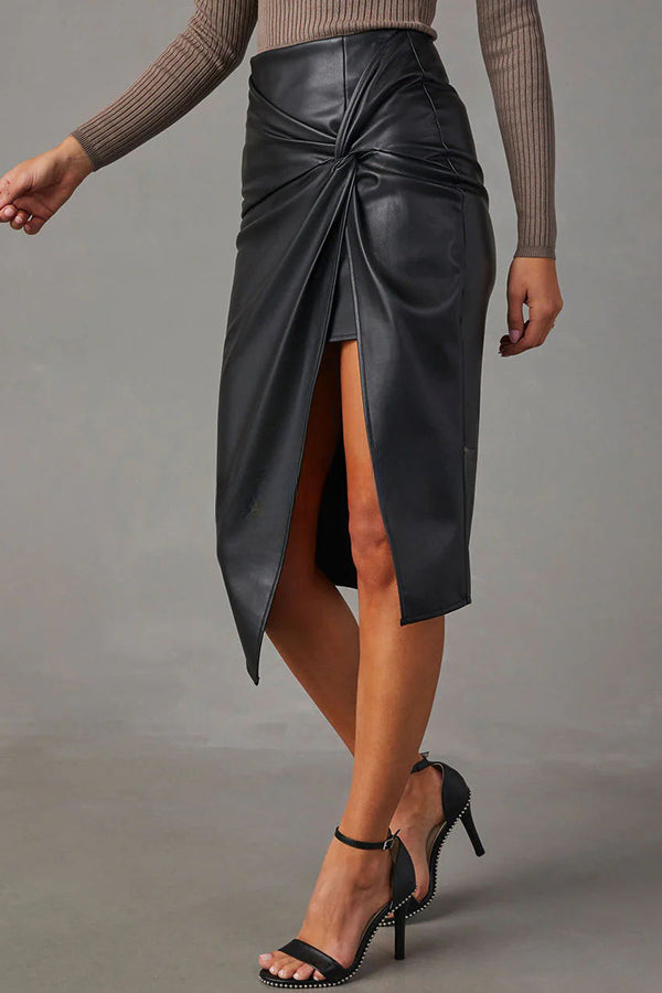 Like Wow Leather Twist Zip Skirt