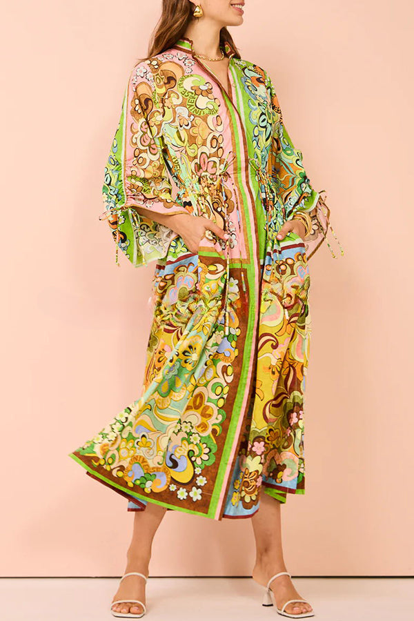 Color Block Unique Print Pocket Button Drawstring Long Sleeve Maxi Dress