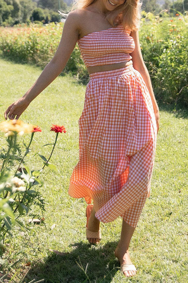 Slice of Sunshine Plaid Smocked Top and Pocketed Midi Dress