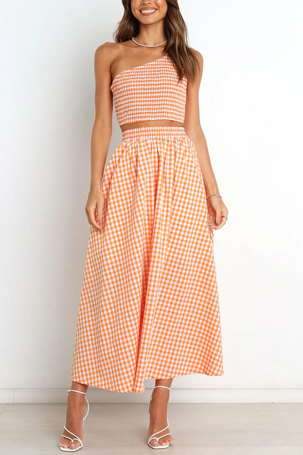 Slice of Sunshine Plaid Smocked Top and Pocketed Midi Dress