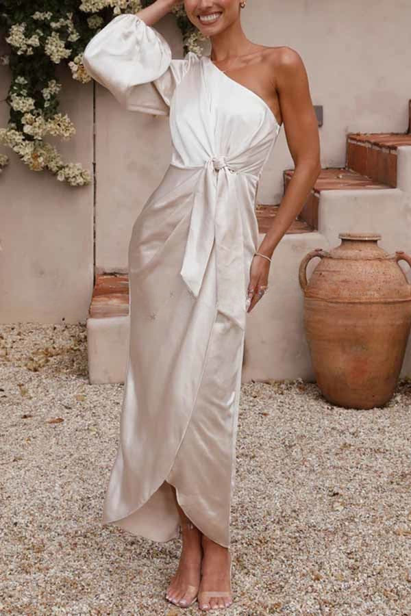 Endearing Romance Satin One Shoulder Front Tie Up Slit Maxi Dress