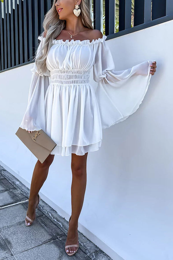 Dora Off Shoulder Bell Sleeves Elastic Waist Mini Dress