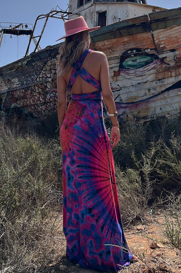 Generate Joy Tie-dye Print V-neck Cross Back Straps Stretch Maxi Dress