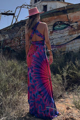 Generate Joy Tie-dye Print V-neck Cross Back Straps Stretch Maxi Dress