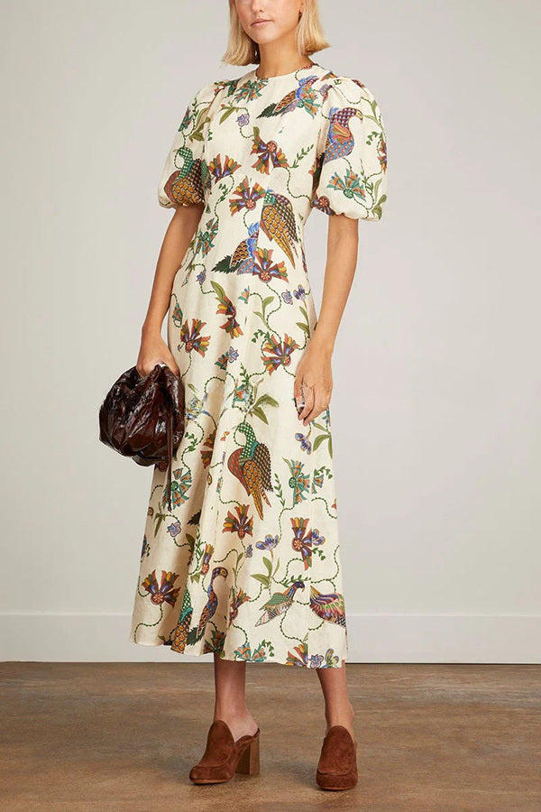 Level Up Floral Heaven Bird Print Puff Sleeve Midi Dress