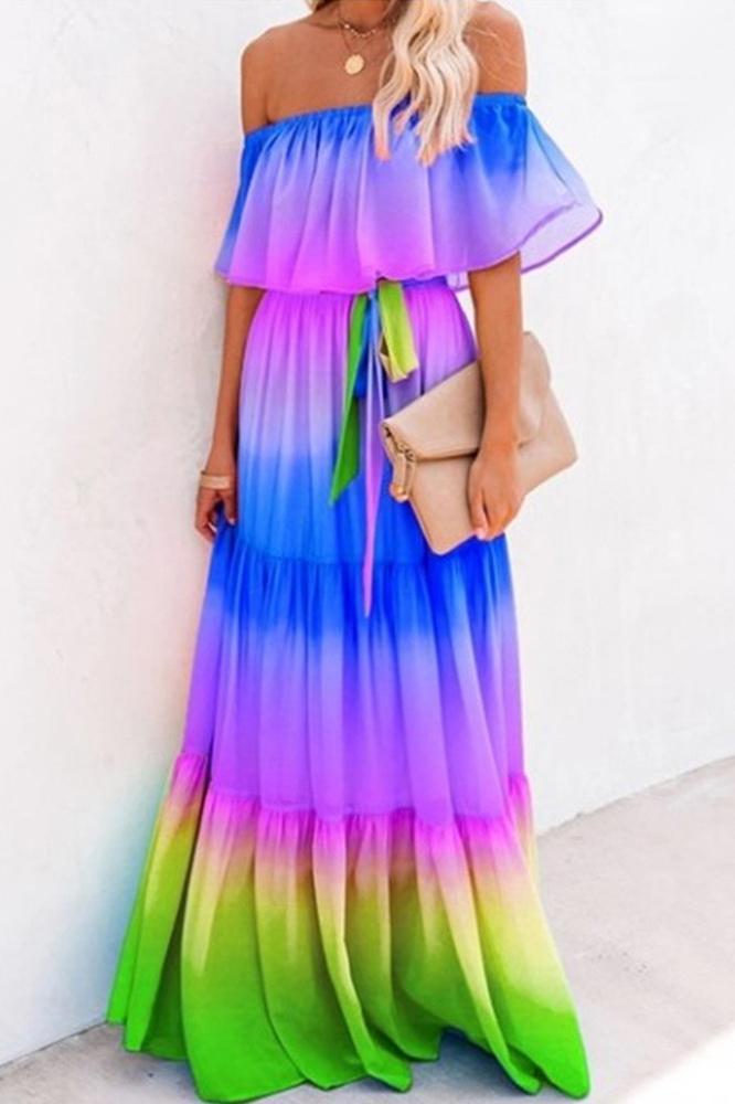 Elegant Off Shoulder Rainbow Dress