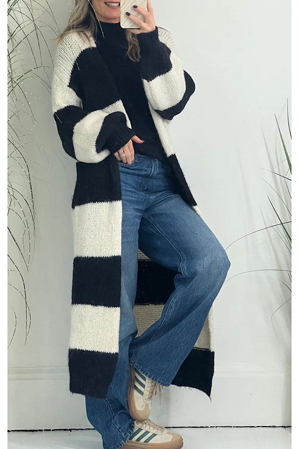 Perfect Alternative Knit Colorblock Open Front Oversized Midi Cardigan