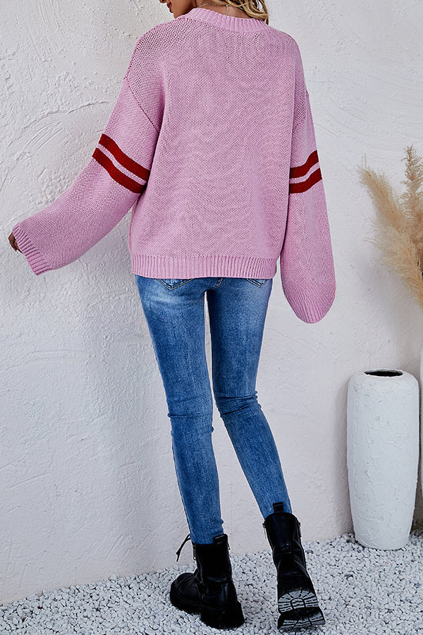 Contrast Color Round Neck Pullover Love Heart Knitted Long Sleeved Sweater