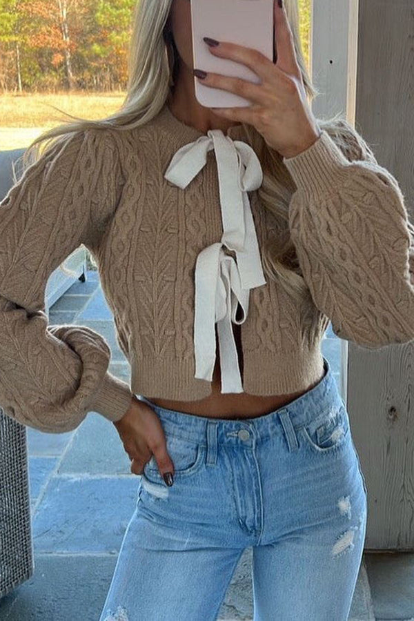 Cute and Warm Knit Cable Bow Detail Crop Sweater