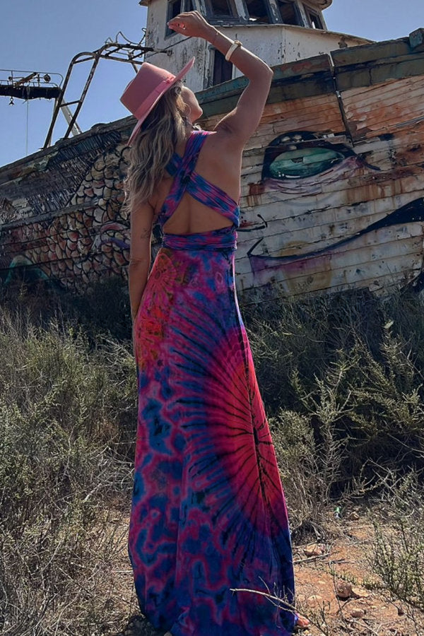 Generate Joy Tie-dye Print V-neck Cross Back Straps Stretch Maxi Dress