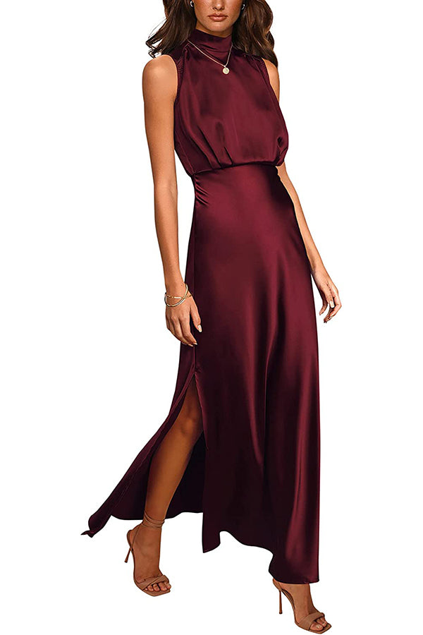 The Story of Us Satin High Neck Slit Maxi Dress