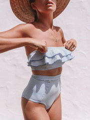 Flounce Sleeve Bandeau Stripe Swimsuit