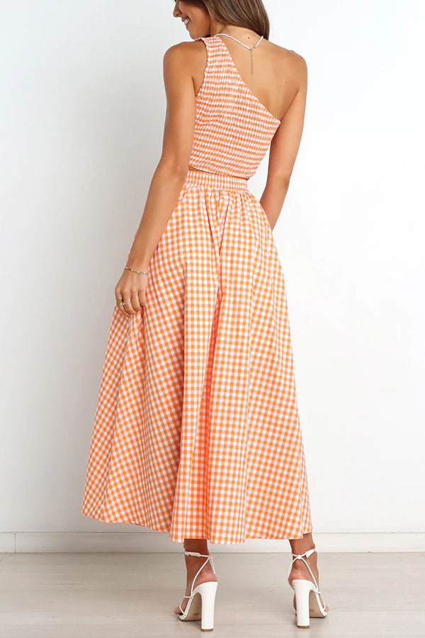 Slice of Sunshine Plaid Smocked Top and Pocketed Midi Dress