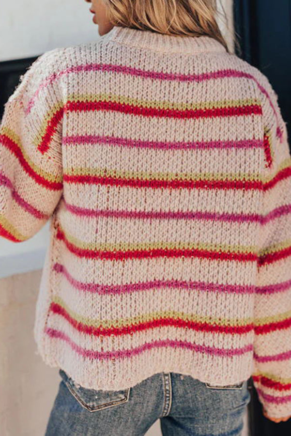 Fall Into Happiness Knit Smiley Face Striped Pullover Sweater