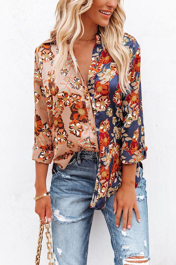 Floral Insight Two Tone Satin Button Down Blouse