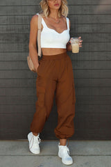 Rewind Nylon Elastic Waist Pocketed Cargo Pants